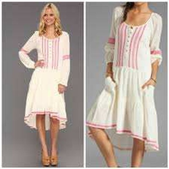 Free People Dresses & Skirts - Free People Cream Pink Embroidered Gauze High Low Long Sleeve Midi Dress SMALL